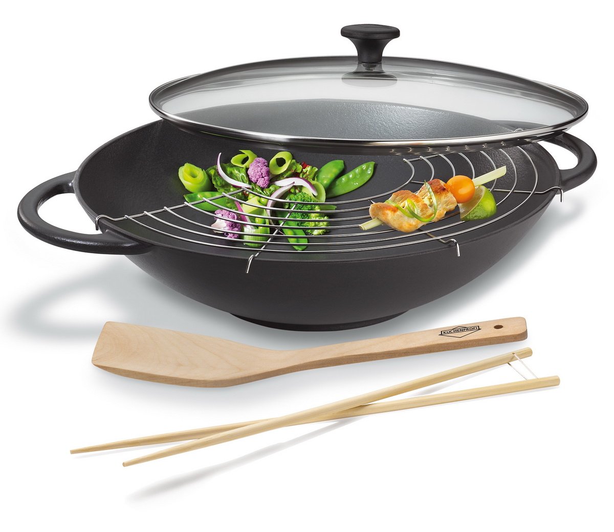 k-chenprofi-provence-wok-set-36-cm-gusseisen-emailliert-mit-glasdeckel image 1